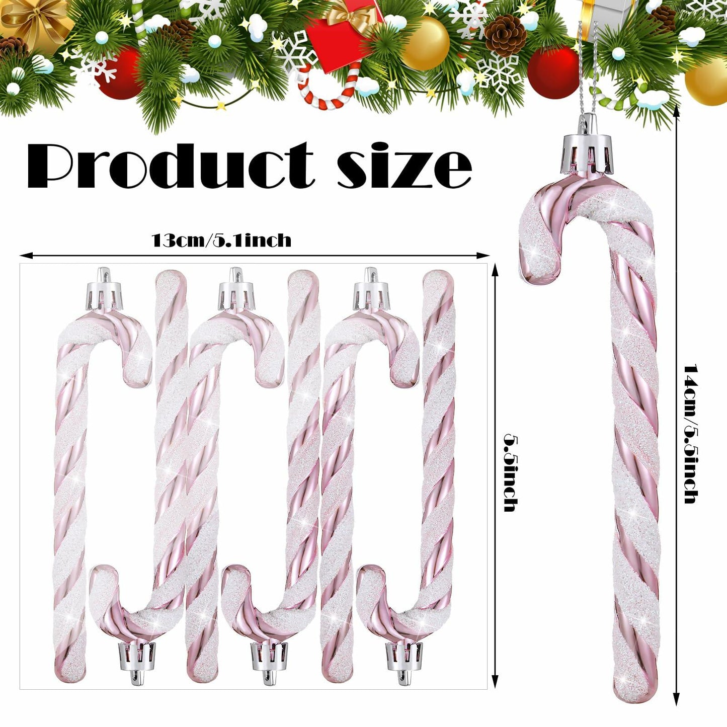 Sotiff Plastic Glitter Candy Cane Ornaments Pink White 72 Pcs Holiday Decor