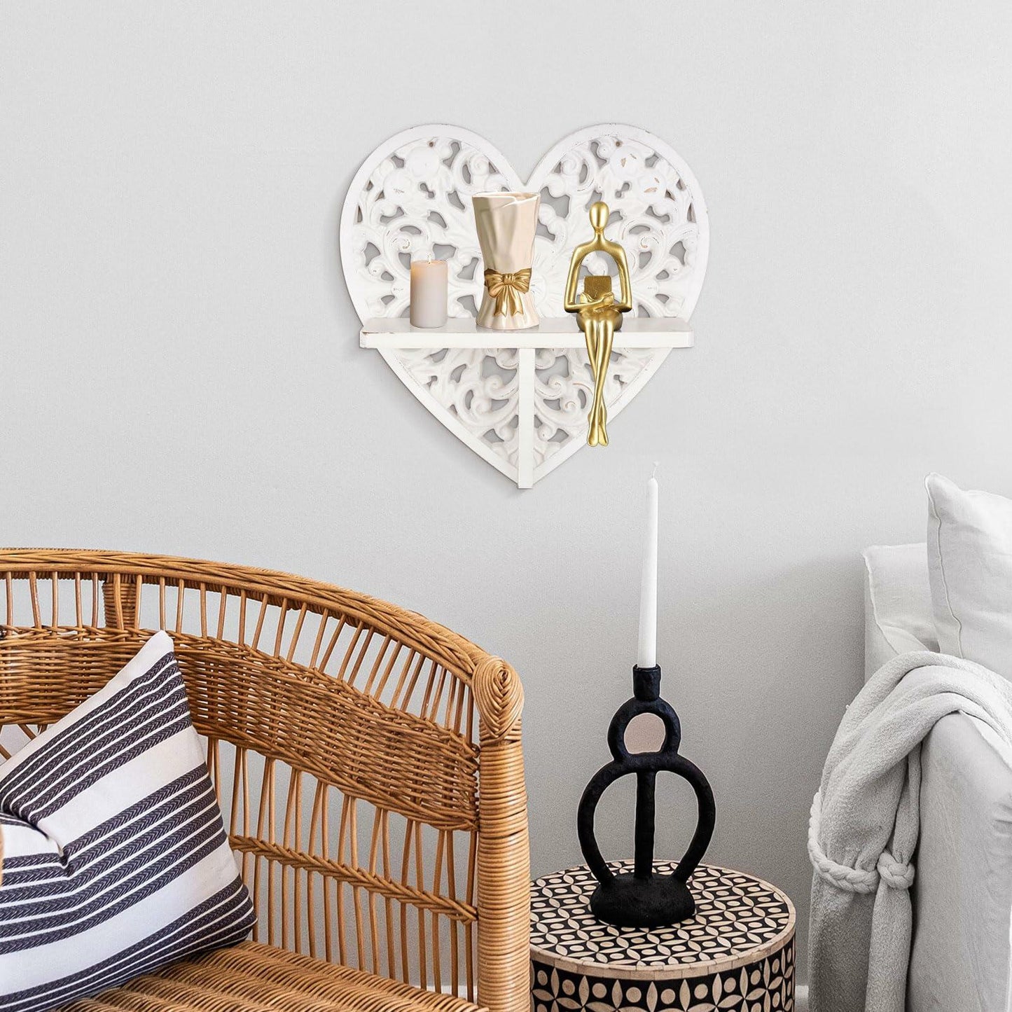 Multipurpose Floating Wall Shelf with Key Hooks Heart-Shaped 12" Vintage White