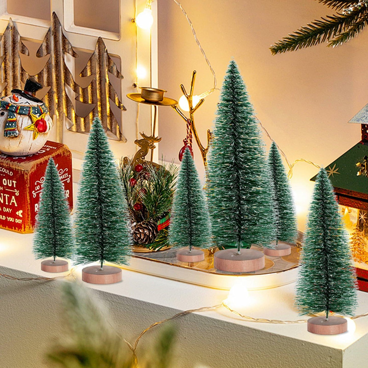 12 Pcs Mini Christmas Trees with Wooden Bases, 3 Sizes, Green Snow Decor