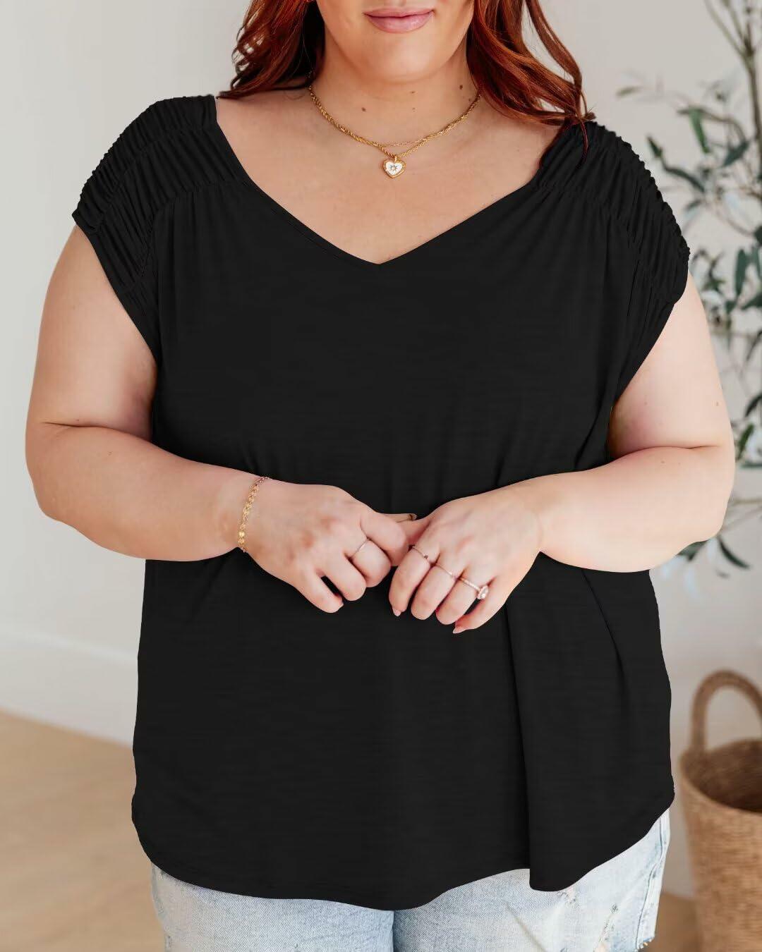 Bliwov Womens V Neck Short Sleeve Casual T Shirt Black 3XL