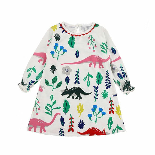 Dorhaeris Girls Cotton Long Sleeve Dinosaur A-line Crewneck Dress Size 2T