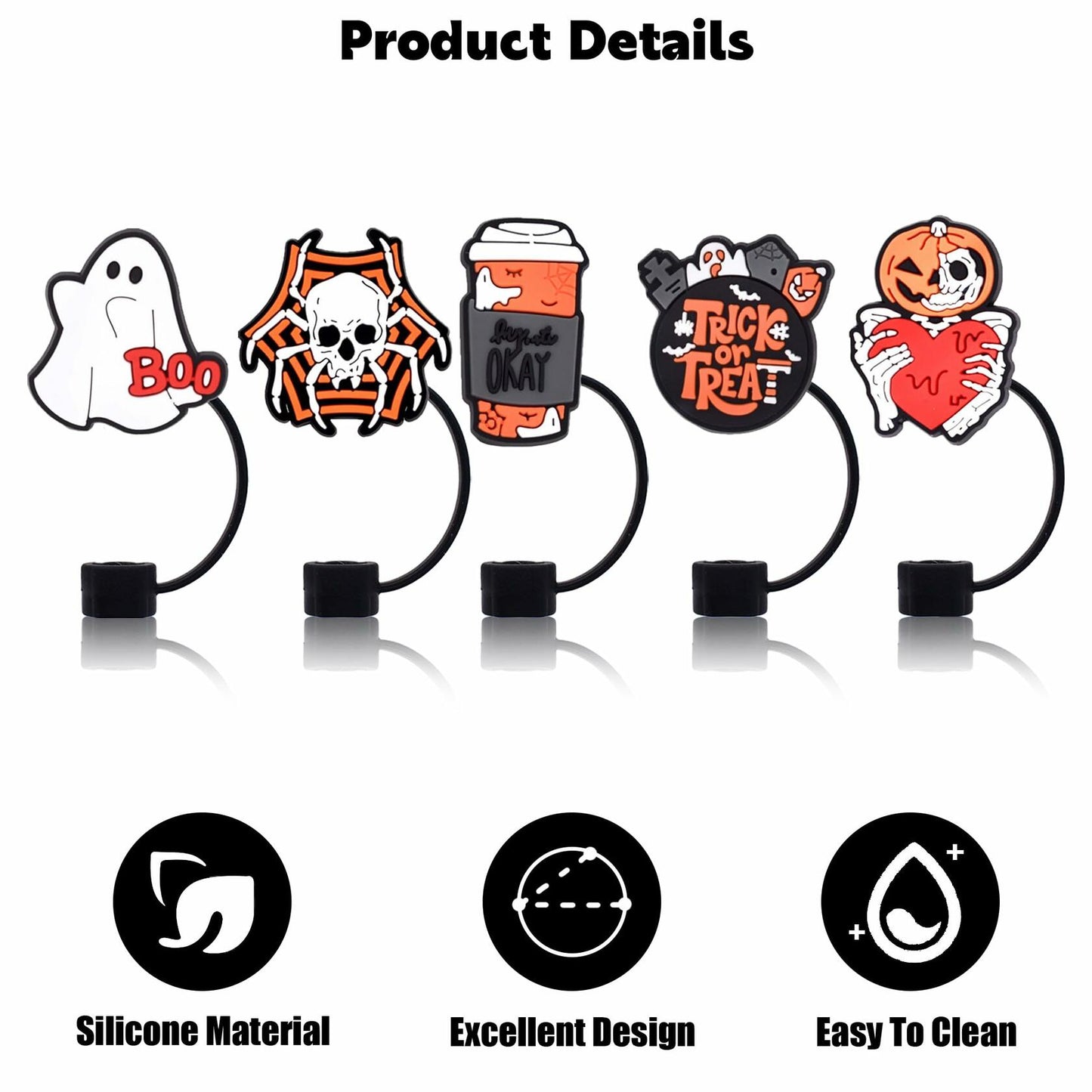5Pcs Halloween Silicone Skull Ghost Straw Caps for Stanley 30&40oz Tumbler