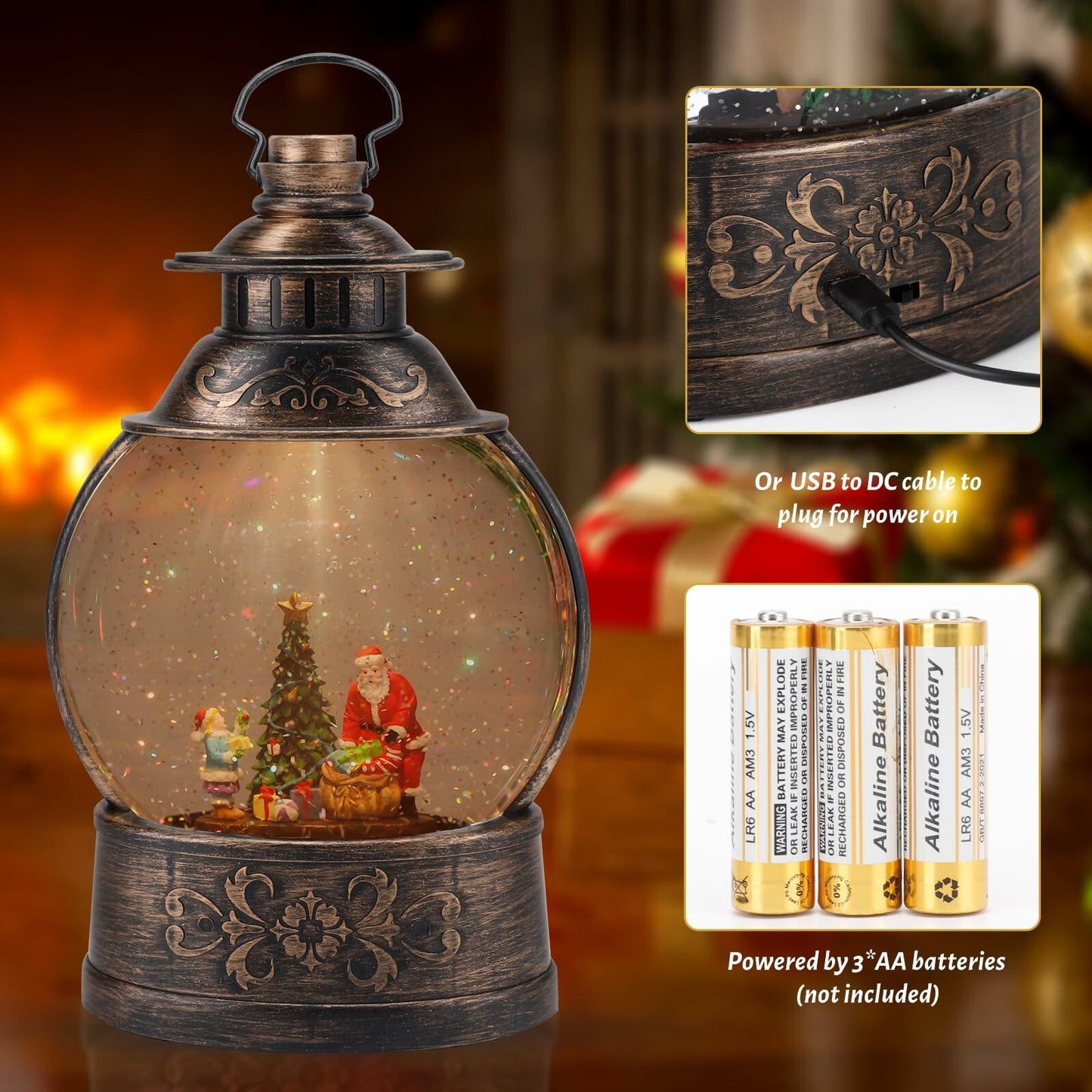12.2" Christmas Musical Snow Globe Lantern Battery Operated USB