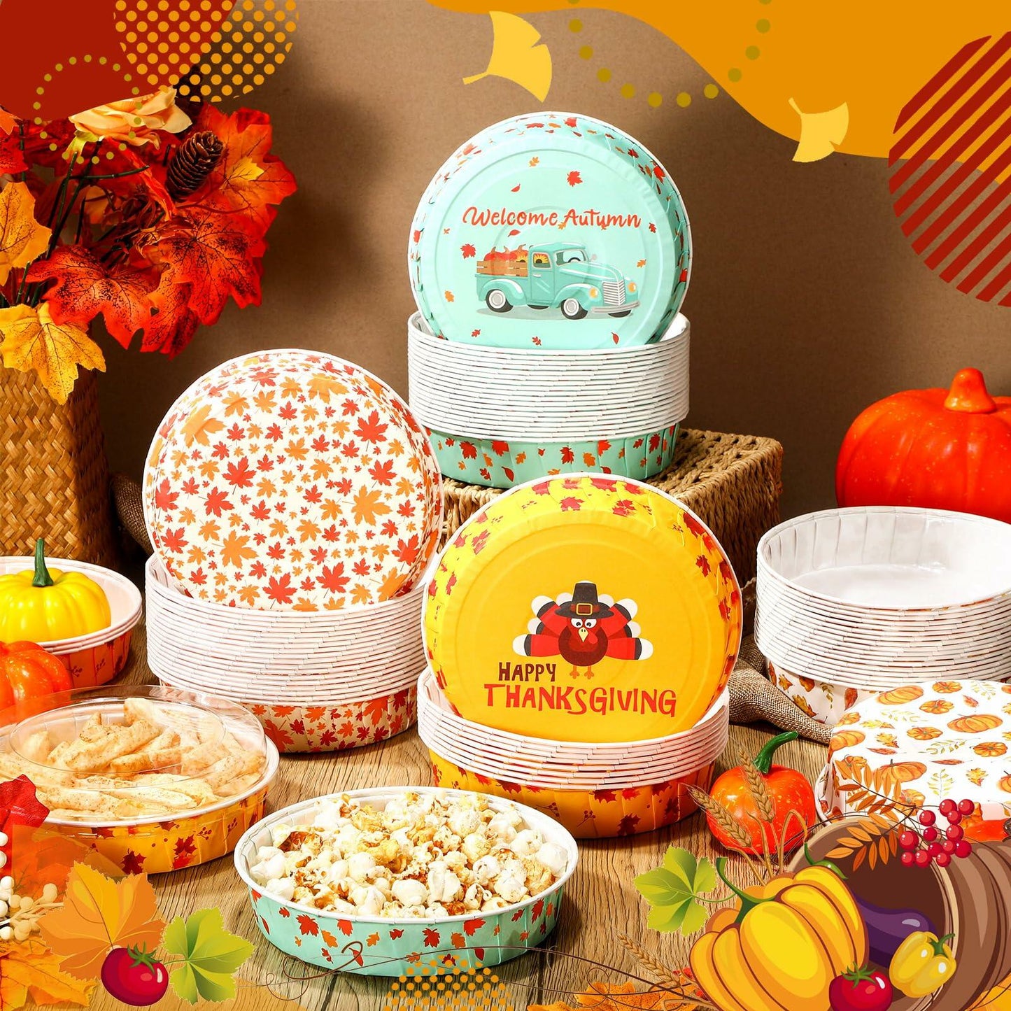 FillTouch 80 Set Thanksgiving Loaf Pan Disposable 6.3x2.17 Autumn Maple Lid