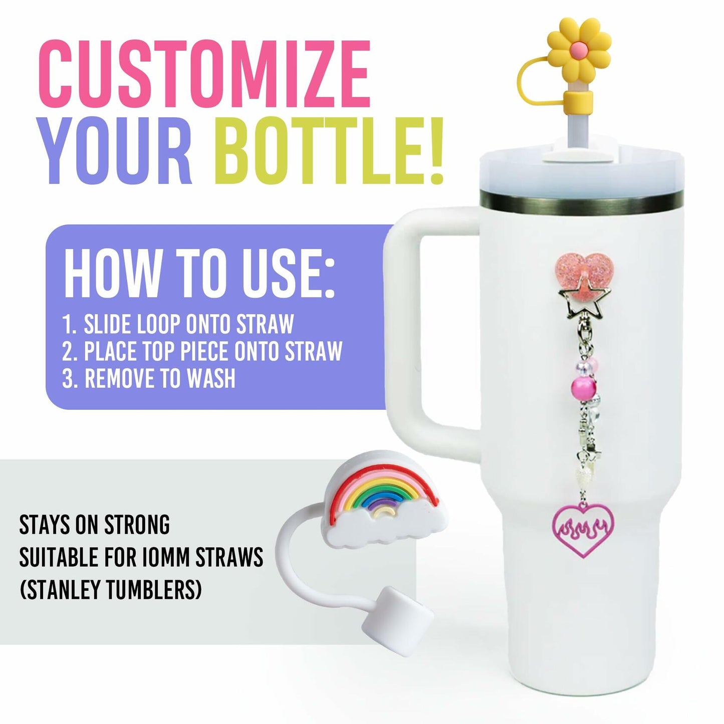 CharCharms Straw Toppers for 10mm 30oz 40oz Stanley Cup Tumbler Flower