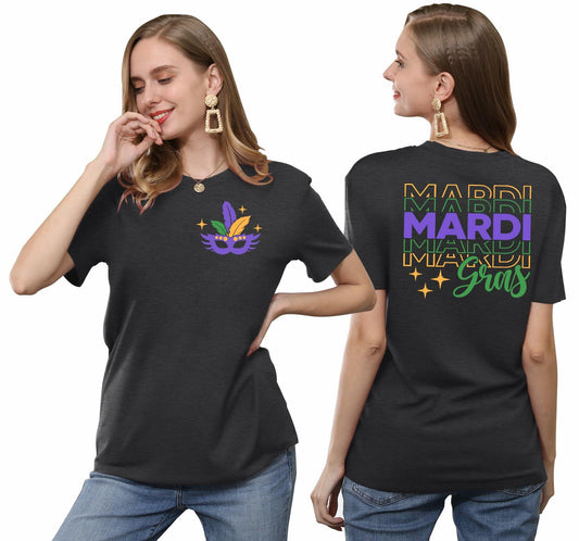 Mardi Gras Shirts Women Short Sleeve Casual T-Shirt Mask Carnival Size XL