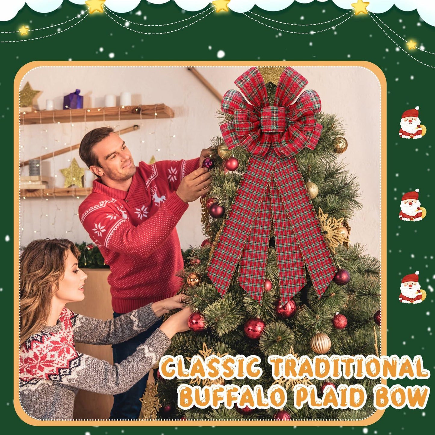 Yinkin 4 Pcs 15x44in Buffalo Plaid Christmas Wreath Bows Red Black