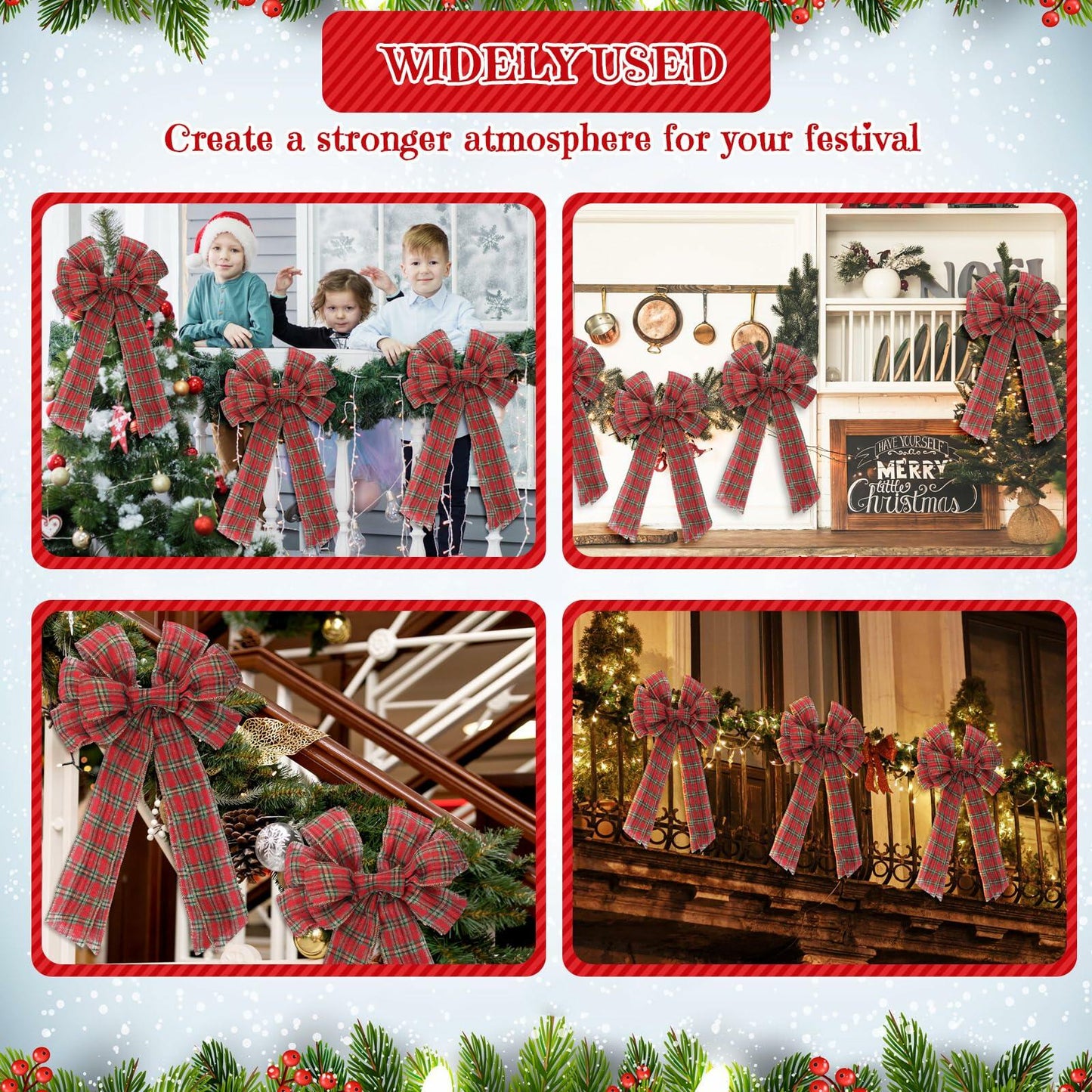 Yinkin 4 Pcs 15x44in Buffalo Plaid Christmas Wreath Bows Red Black