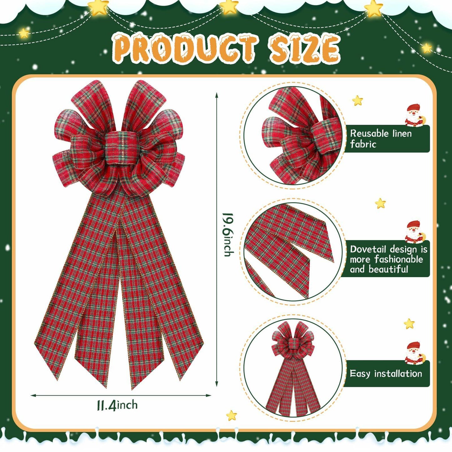 Yinkin 4 Pcs 15x44in Buffalo Plaid Christmas Wreath Bows Red Black
