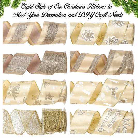 HunnmingRe Gold Wired Christmas Ribbon 2.5in 8 Rolls 48 Yards Xmas Decor