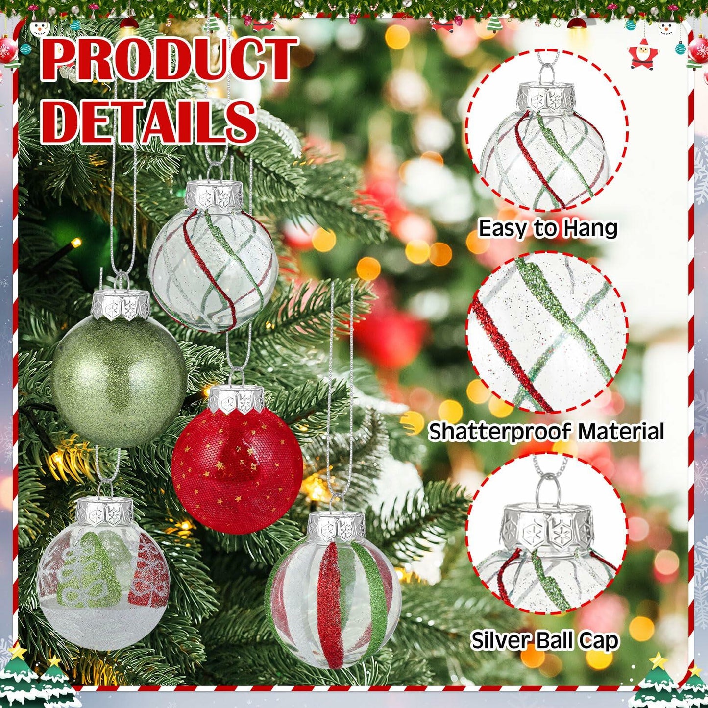 Realspring 60 Pc 2.4" Shatterproof Christmas Ornaments Red Green White