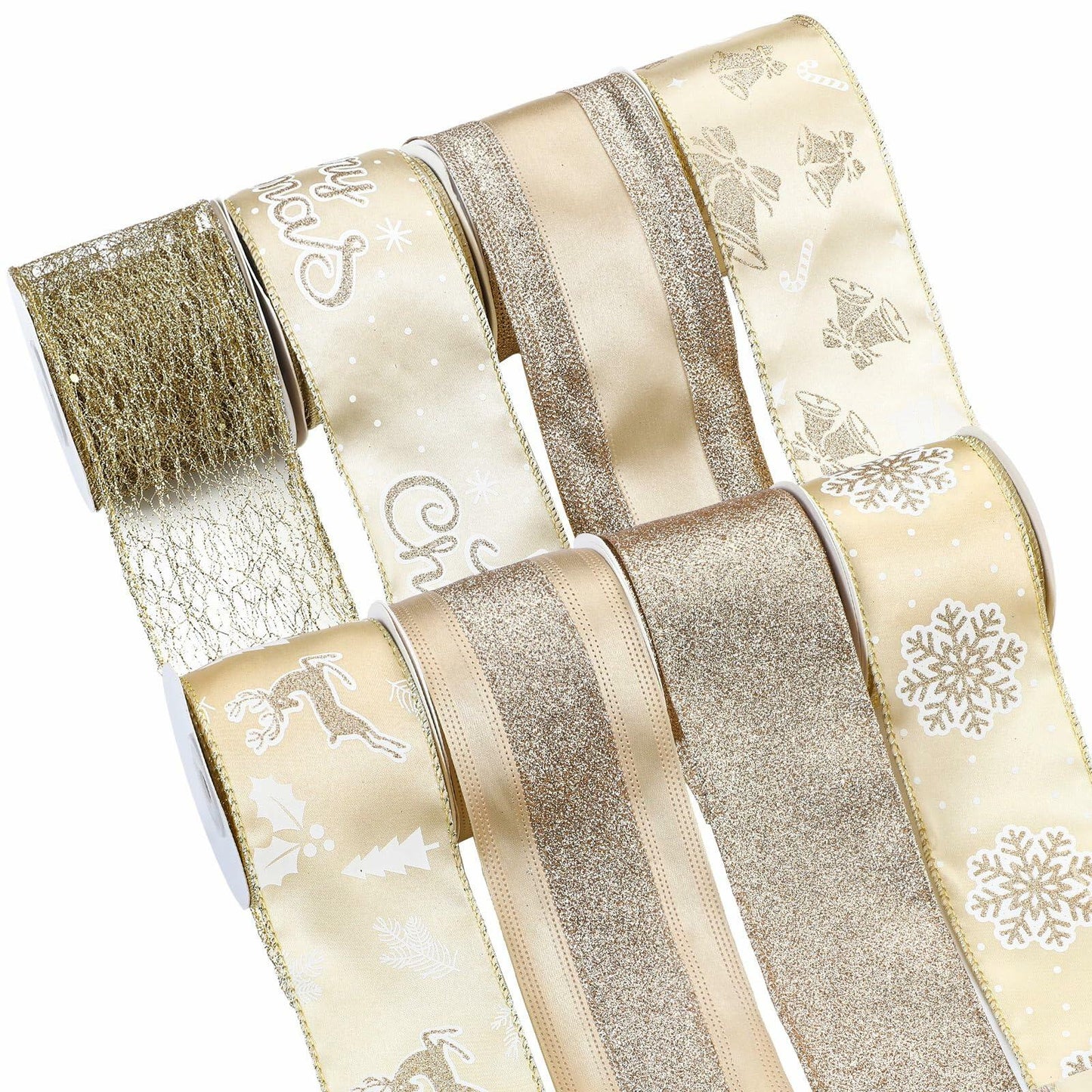 HunnmingRe Gold Wired Christmas Ribbon 2.5in 8 Rolls 48 Yards Xmas Decor