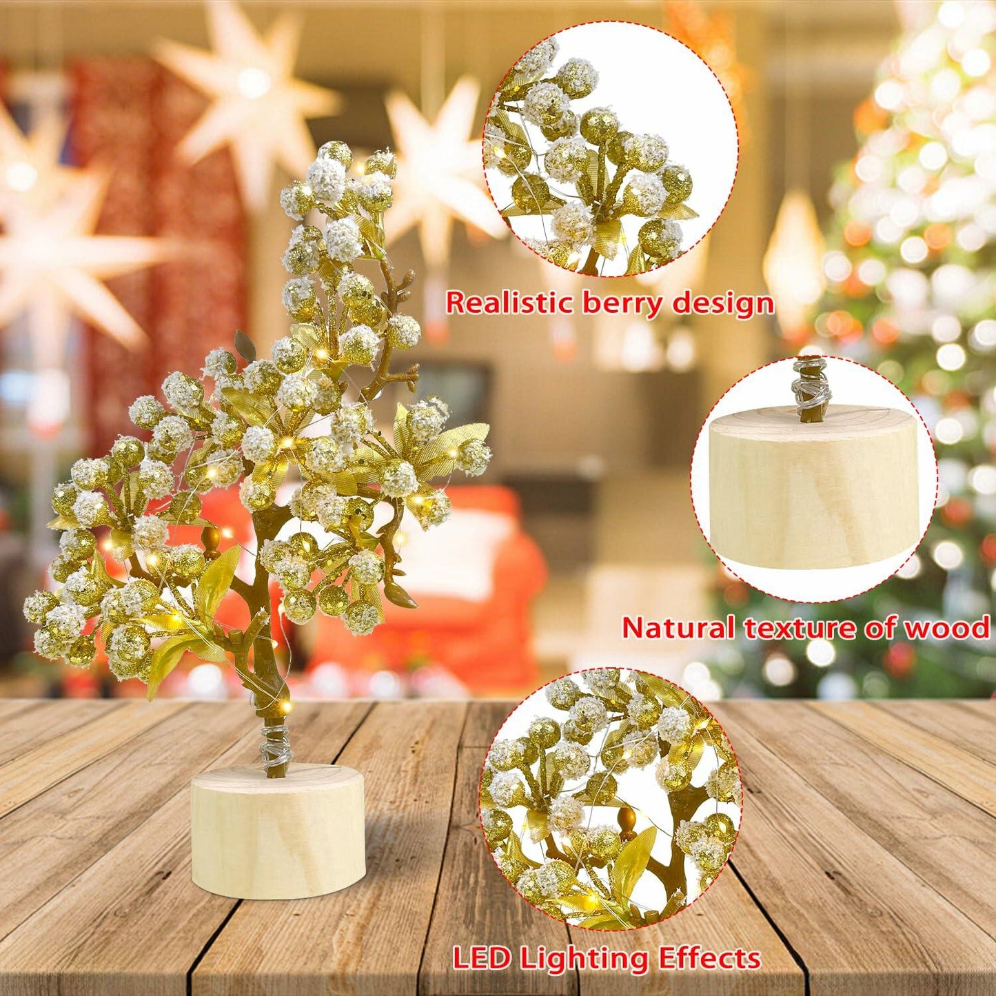 COTOSEY 12" Mini Christmas Red Berries Tree with Light Red Xmas Decor