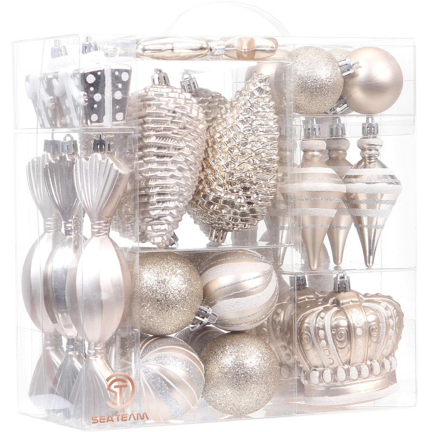 Sea Team 50-Pack Assorted Shatterproof Christmas Ball Ornaments Set Champagne