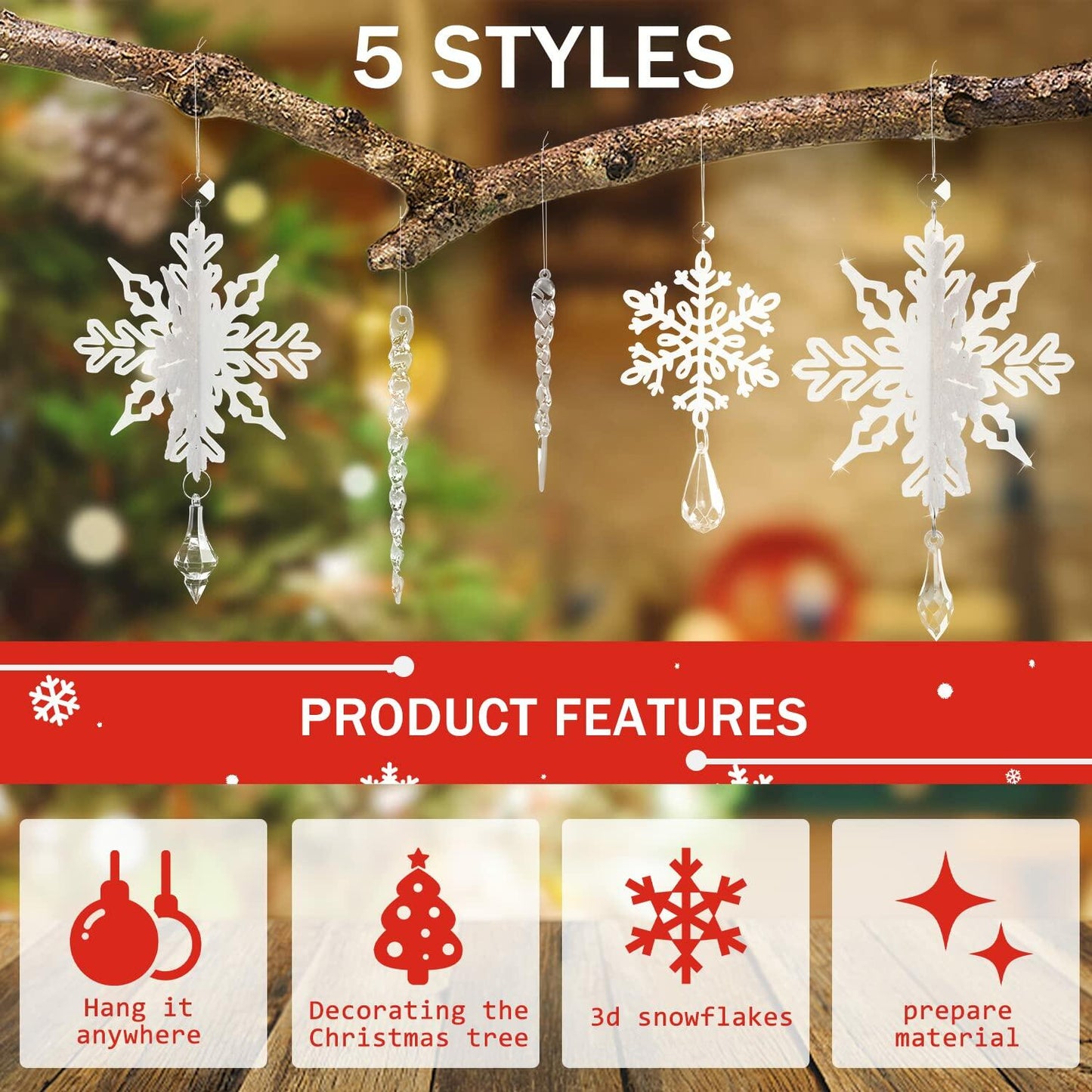24 Pcs Snowflake Drop Ornaments Clear Decorative Hanging for Christmas Tree