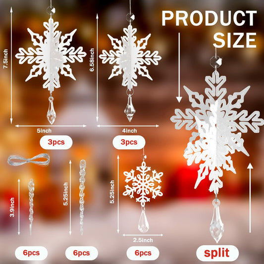 24 Pcs Snowflake Drop Ornaments Clear Decorative Hanging for Christmas Tree