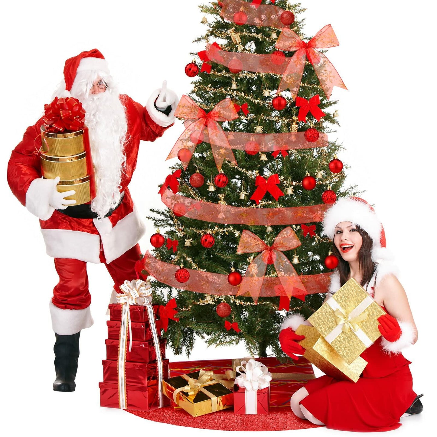 Suilung 22 Pcs Christmas Tree Skirt 46" Red Sequins Ribbon & 20 Ornaments Set