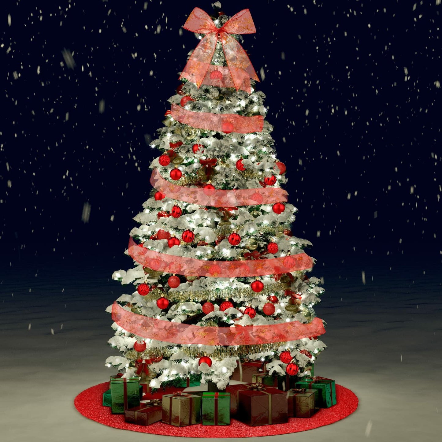 Suilung 22 Pcs Christmas Tree Skirt 46" Red Sequins Ribbon & 20 Ornaments Set