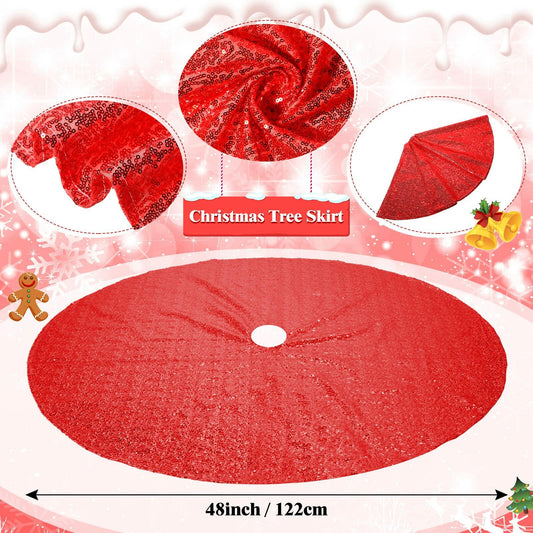 Suilung 22 Pcs Christmas Tree Skirt 46" Red Sequins Ribbon & 20 Ornaments Set