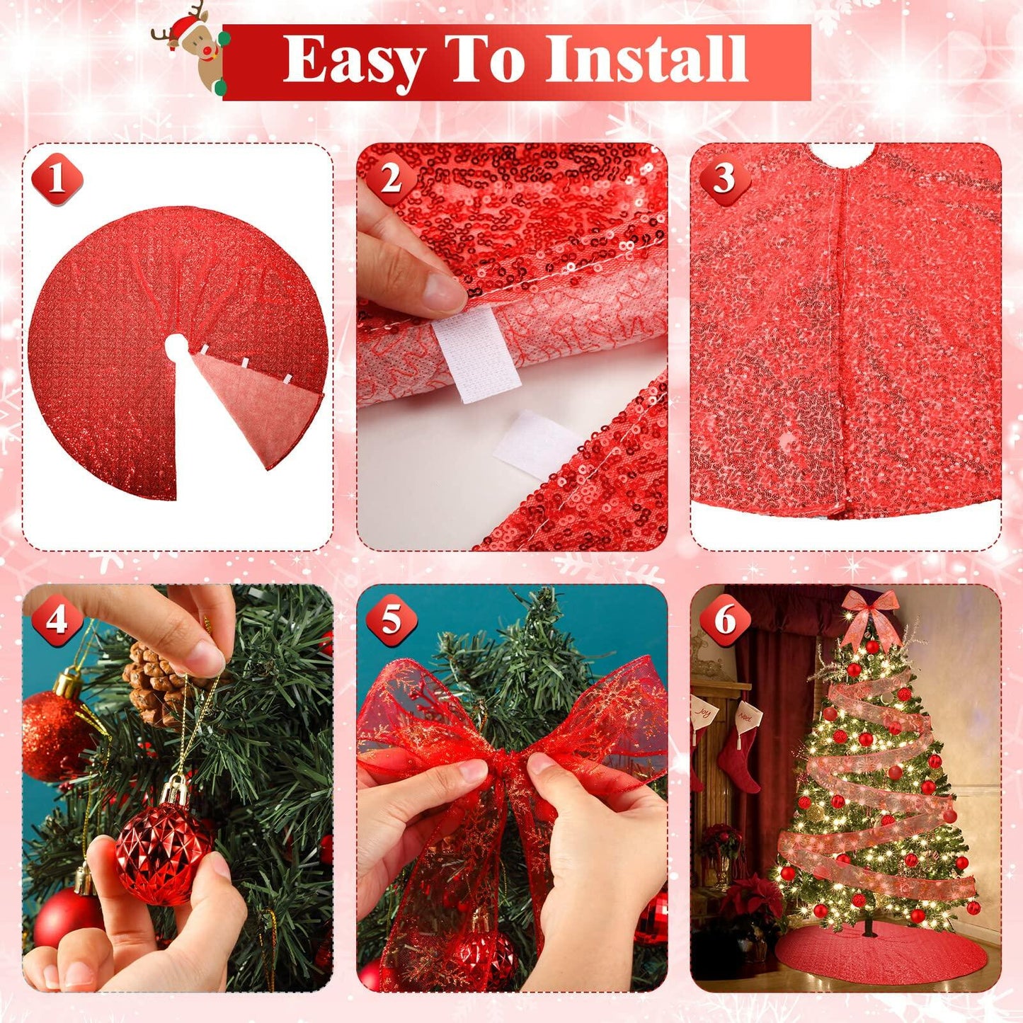 Suilung 22 Pcs Christmas Tree Skirt 46" Red Sequins Ribbon & 20 Ornaments Set