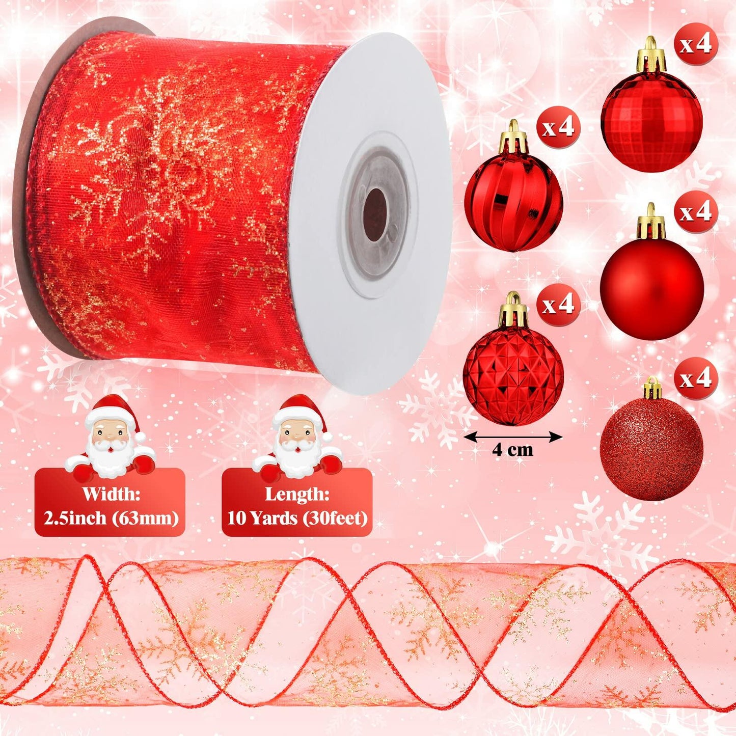 Suilung 22 Pcs Christmas Tree Skirt 46" Red Sequins Ribbon & 20 Ornaments Set