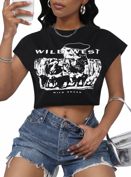 LovelyWholesale Women Cap Sleeve Cropped Graphic Tee Black Size L