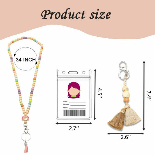 Teacher Lanyard with ID Holder Wooden Bead Silicone Boho Pendant Style E