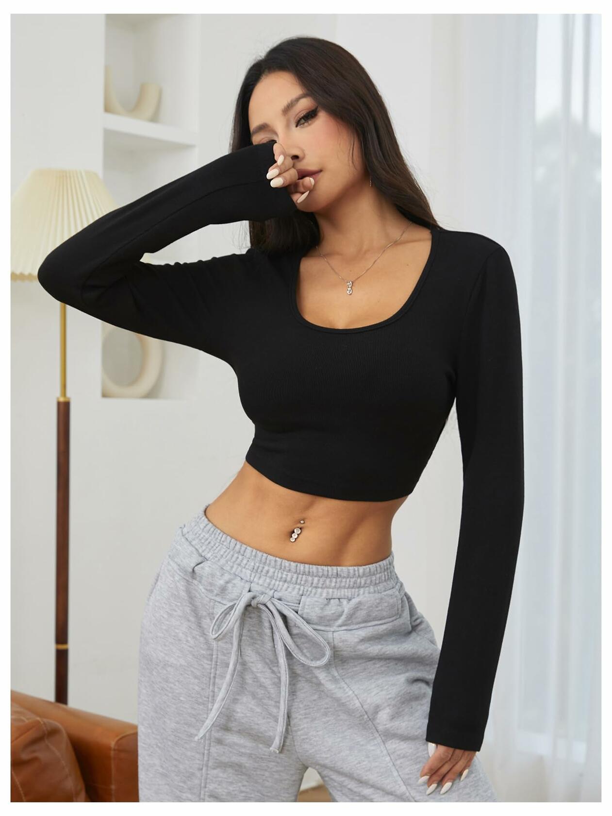 Verdusa Women's Square Neck Slim Fitted Crop Top Long Sleeve Black XS Size XS