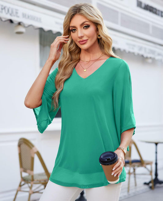 Plus Size V Neck 3/4 Sleeve Tunic Top Pale Green Size 3XL