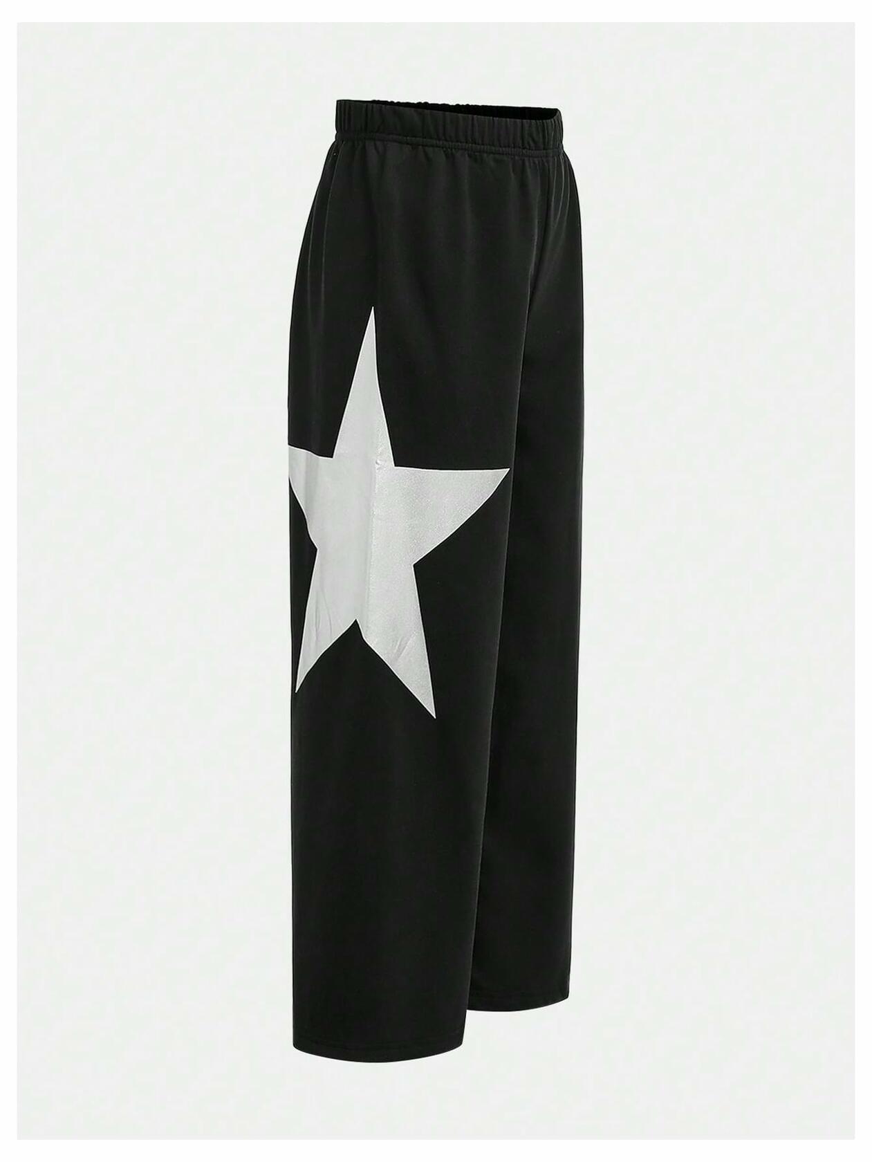 RoseSeek Girl's Wide Leg Star Print Sweatpants High Waist Black Size 12Y