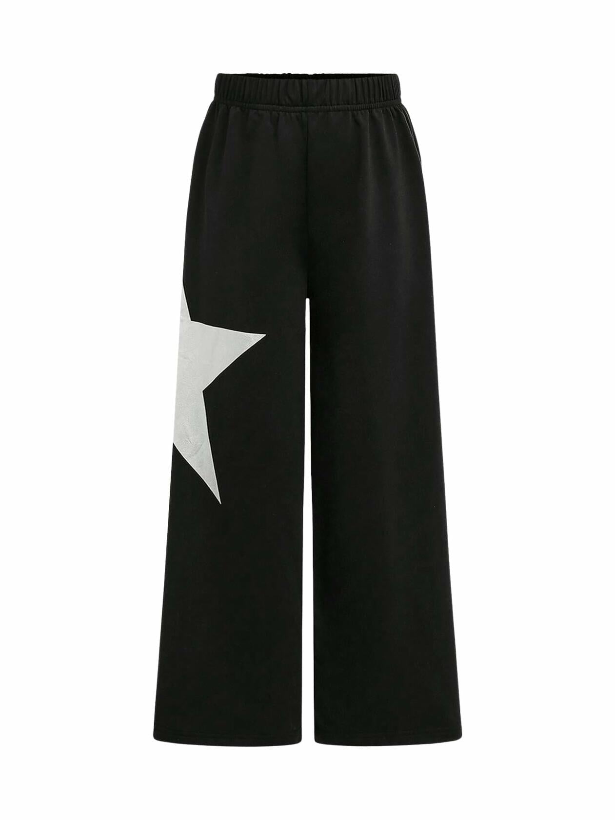 RoseSeek Girl's Wide Leg Star Print Sweatpants High Waist Black Size 12Y