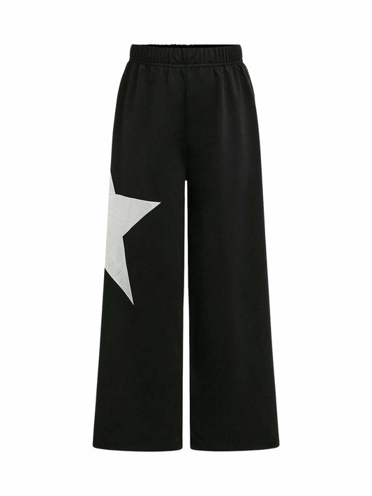 RoseSeek Girl's Wide Leg Star Print Sweatpants High Waist Black Size 12Y