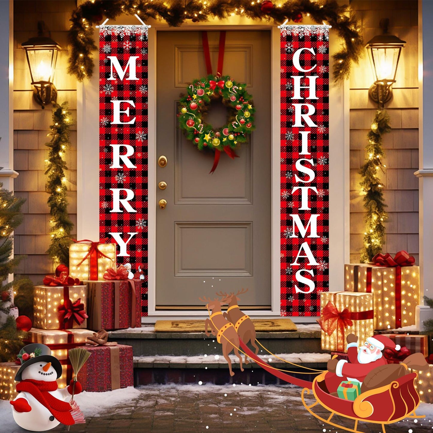 Leuceiy Christmas Banner Santa Snow Outdoor Yard Porch Sign Decoration