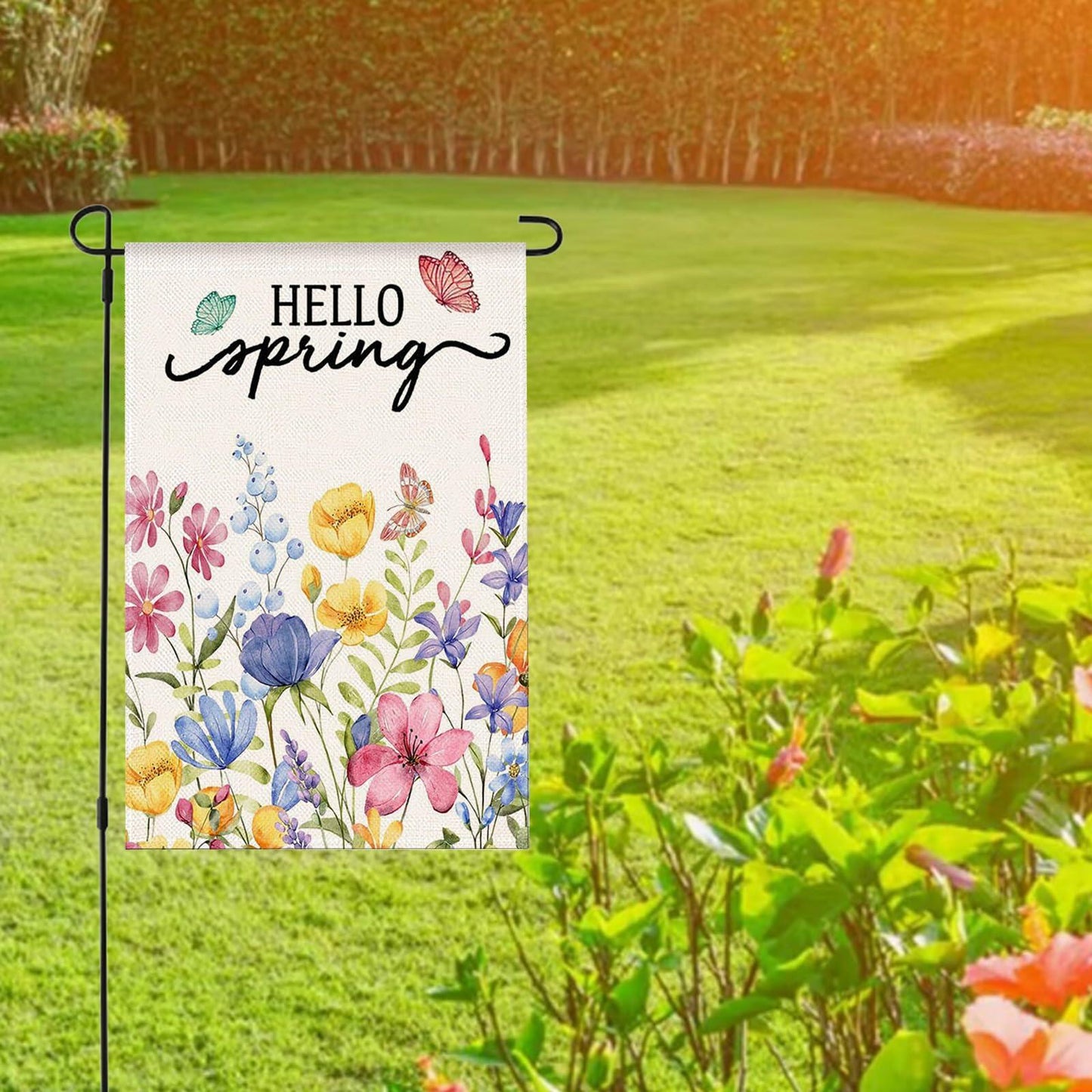 ZRTR Hello Spring Garden Flag 12x18 Inch Double Sided Burlap Floral