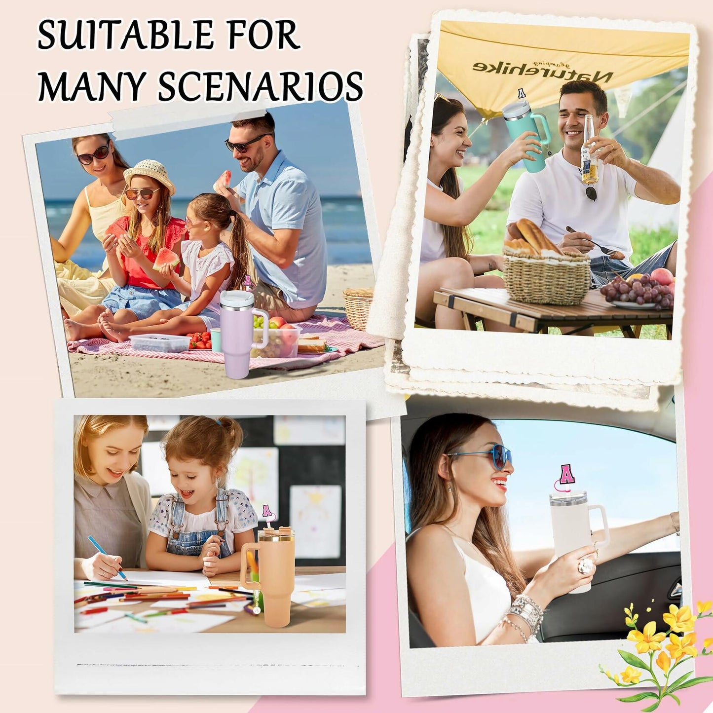 IN CHENTHY Straw Topper 2pcs Letter N Covers + Charm Chain + Alphabet Stickers