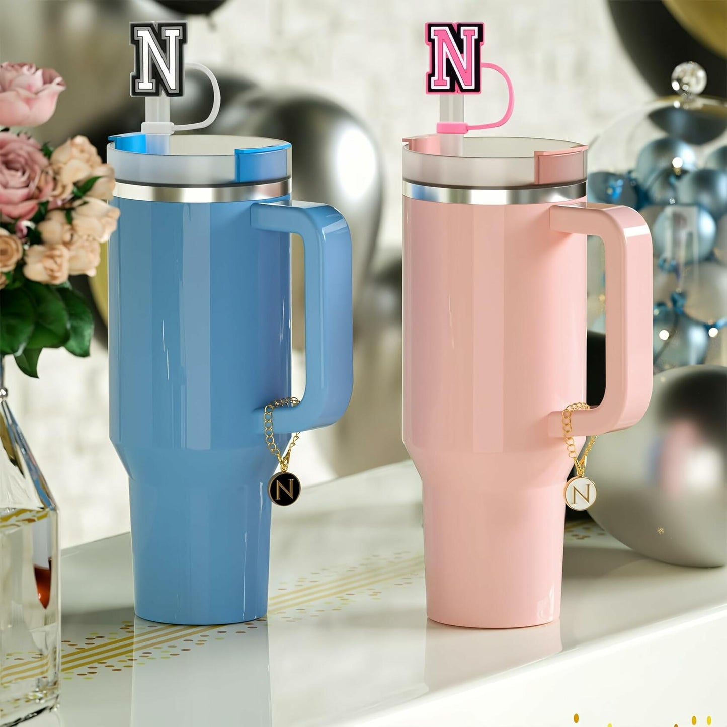 IN CHENTHY Straw Topper 2pcs Letter N Covers + Charm Chain + Alphabet Stickers