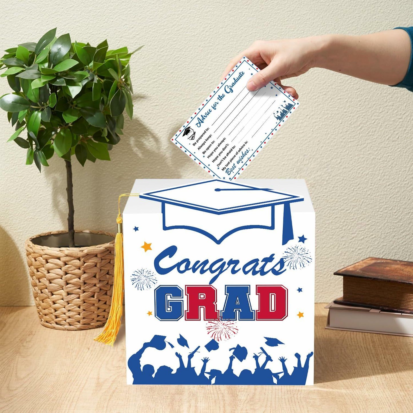 Premium Graduation Card Box Holder with 12 Cards and Tassel, Classic Design