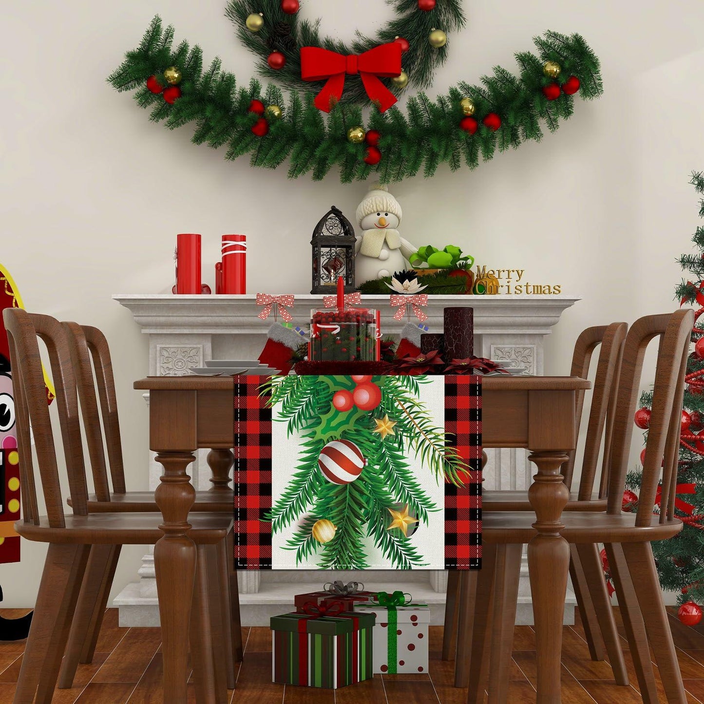Rvsticty Linen Green Christmas Table Runner 13x36" Winter Xmas Decor