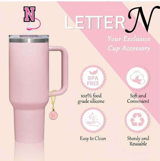 IN CHENTHY Straw Topper 2pcs Letter N Covers + Charm Chain + Alphabet Stickers