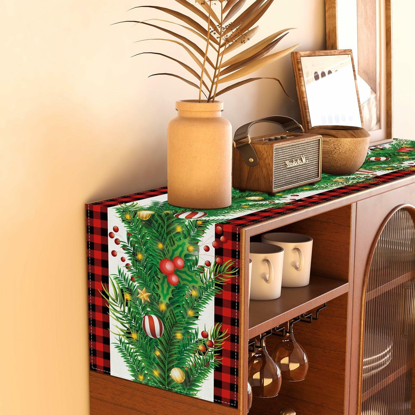 Rvsticty Linen Green Christmas Table Runner 13x36" Winter Xmas Decor