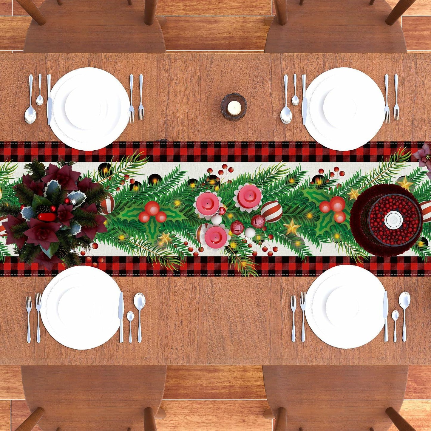 Rvsticty Linen Green Christmas Table Runner 13x36" Winter Xmas Decor