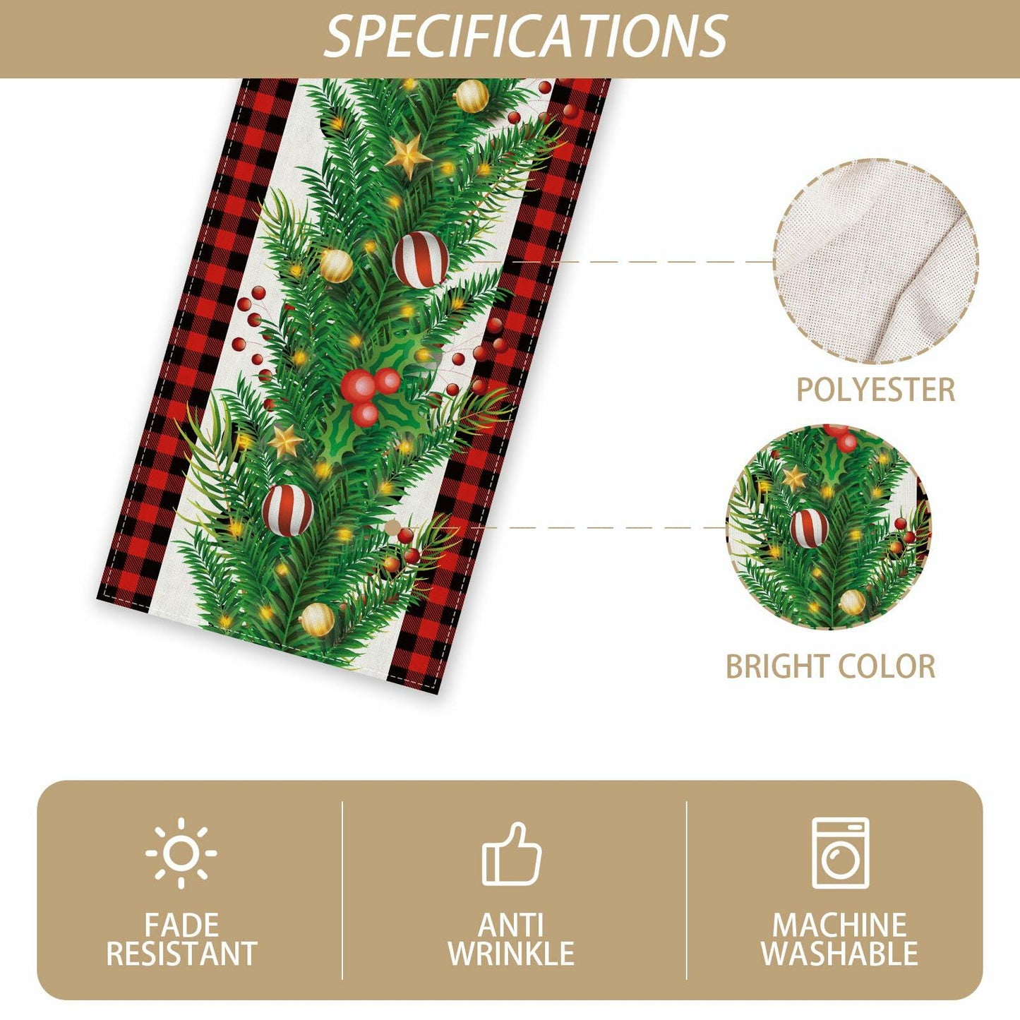 Rvsticty Linen Green Christmas Table Runner 13x36" Winter Xmas Decor