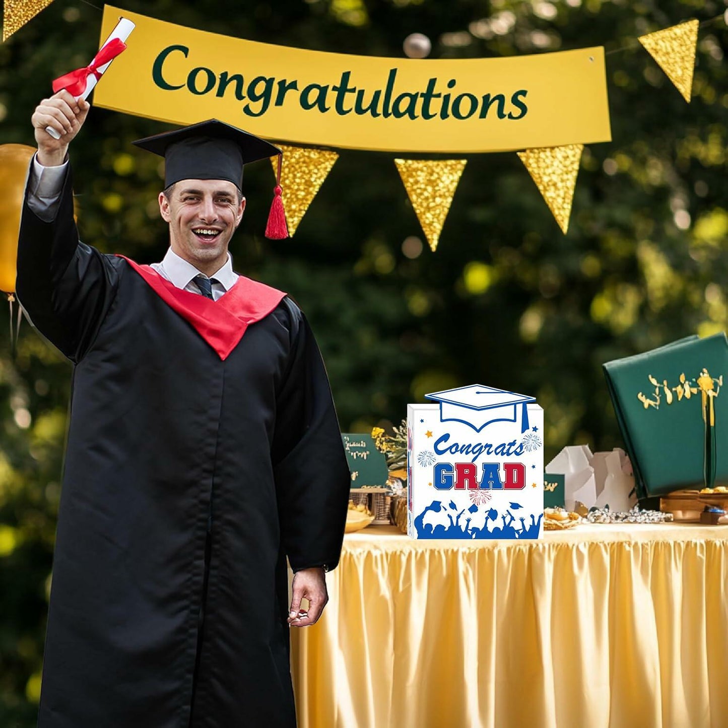 Premium Graduation Card Box Holder with 12 Cards and Tassel, Classic Design