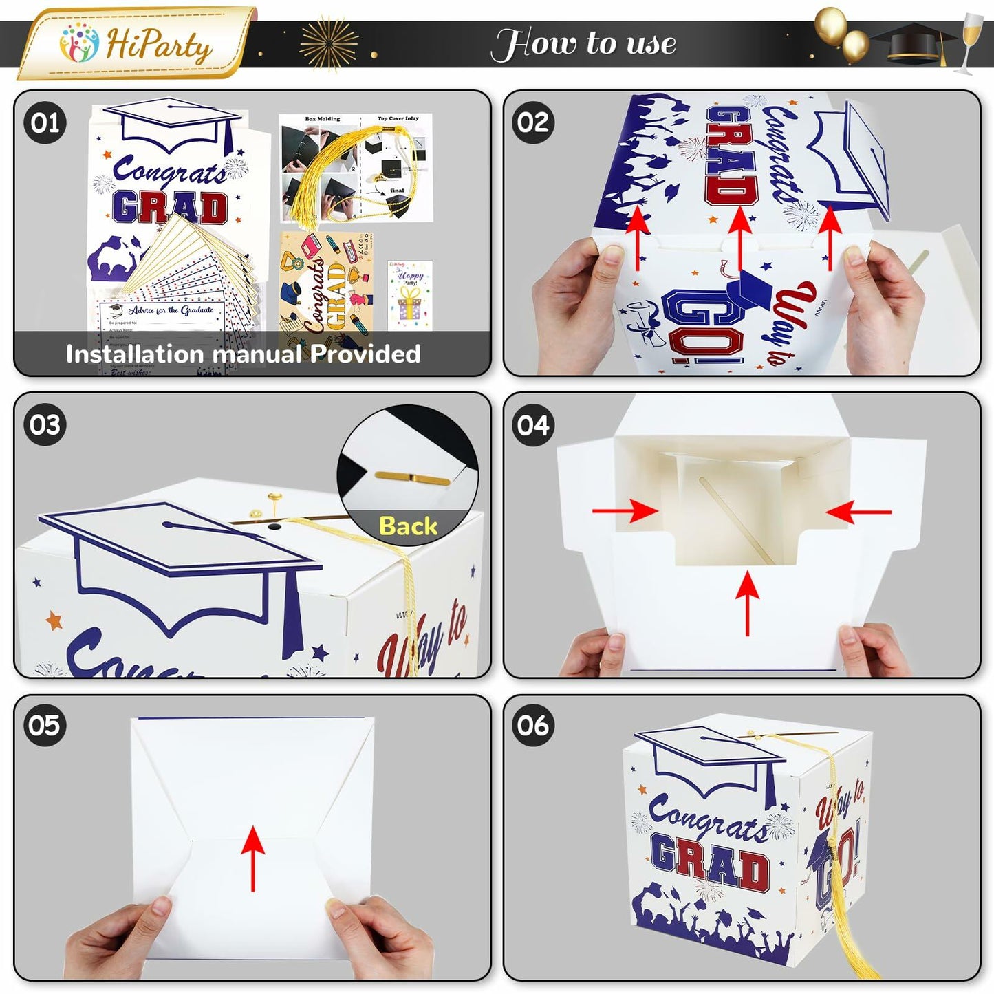 Premium Graduation Card Box Holder with 12 Cards and Tassel, Classic Design