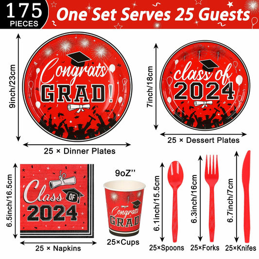 LELEMON Graduation Party Supplies Red Tableware Set Serves 25 Disposable
