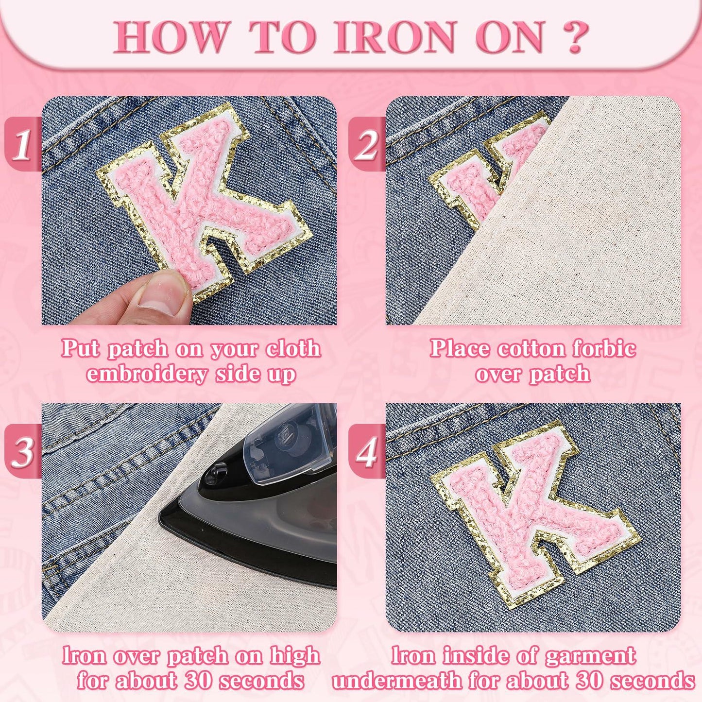 3Pcs Chenille Letter Patches Iron-On Pink 2 Inch Glitter Alphabet K