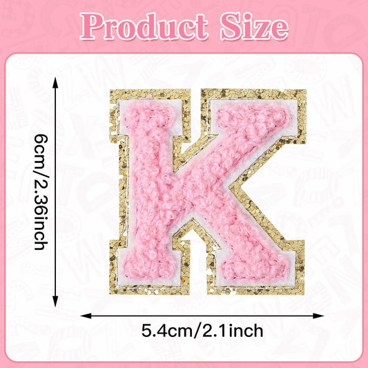 3Pcs Chenille Letter Patches Iron-On Pink 2 Inch Glitter Alphabet K