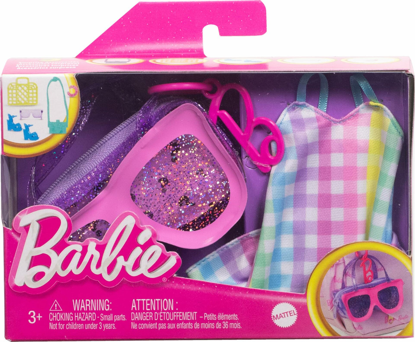Barbie Deluxe Sunglasses Bag & Multicolor Gingham Dress Doll Clothes