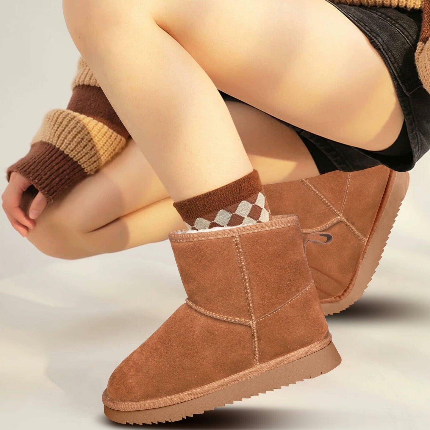 DIRDENI Women's Mini Snow Boots Ankle Fur Lined Non-slip Brown Size 7
