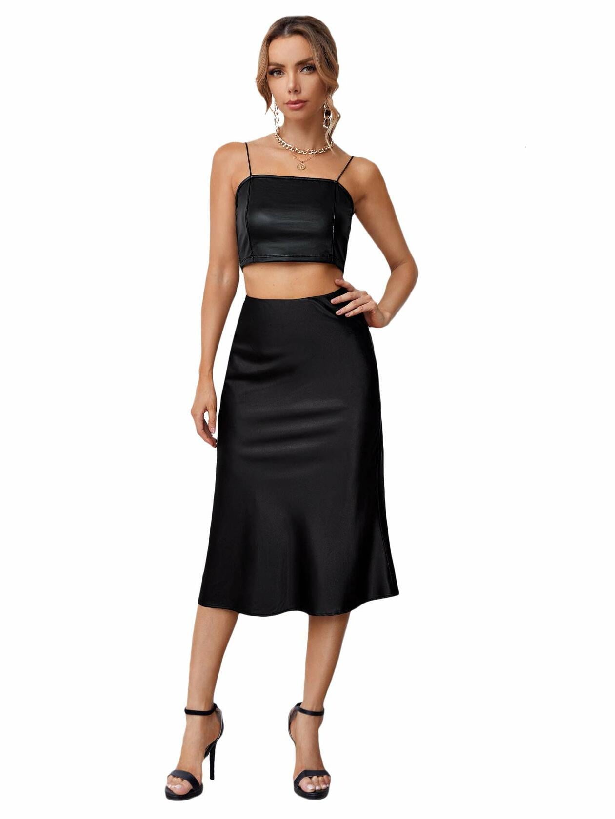 Verdusa Women's Elegant High Waist Satin A Line Flared Midi Skirt Black XL